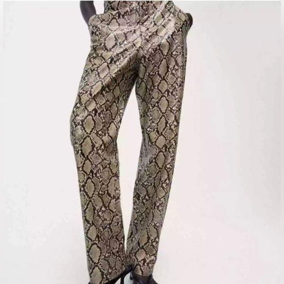 Zara EUC Snake Reptile Print Faux Leather Pants Size M Bloggers Fav High Waist - Picture 1 of 9